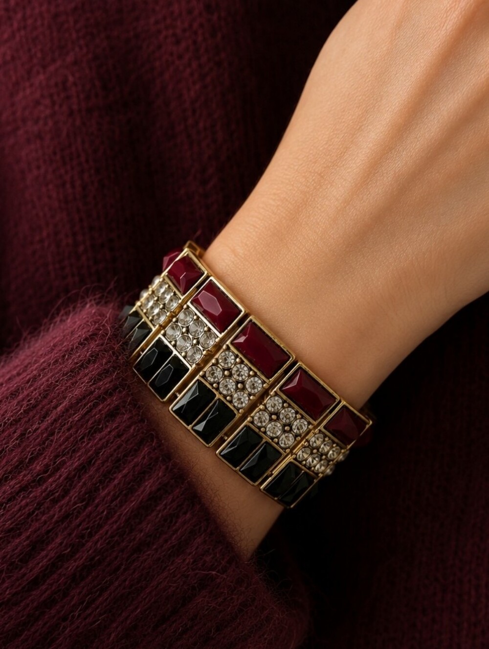 J. Crew Baguette Acrylic Black Merlot Rhinestone Stretch Bracelet Oxidized Brass